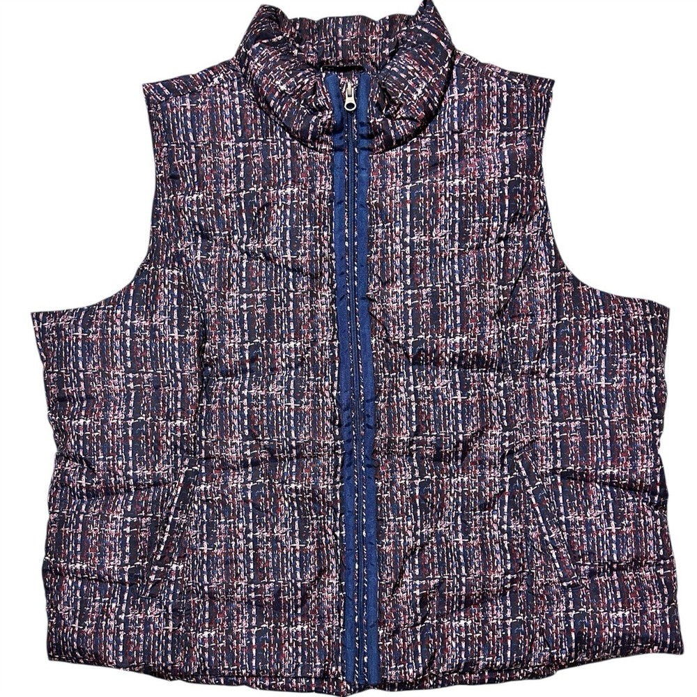 Lands End Down Vest 3X Blue Pink Tweed Puffer 600 Fill Zip Up Quilted Hyper Dry
